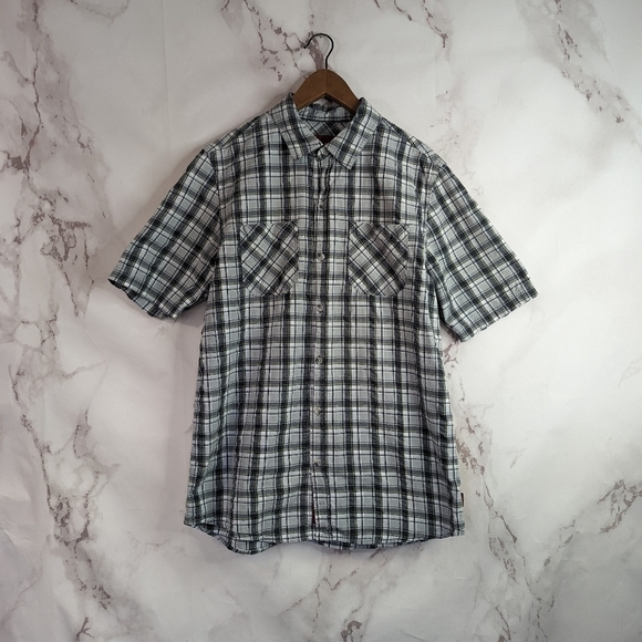Gramicci Men Shirt Button Up Size Large Short Sleeve Plaid Flannel Gray … - Picture 1 of 8